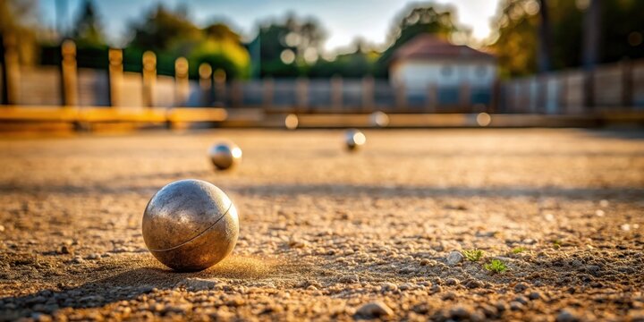 A boule with a wooden Cochonnet or jack on a petanque court, petanque, boule, balls, competition, sport, game, target