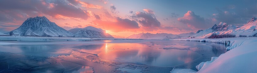 Stunning winter landscape at sunset with snow-covered mountains and a serene frozen lake reflecting colorful skies.