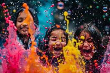 Three Joyful Children Covered in Colorful Paint, Water, and Bubbles, Celebrating Holi Festival