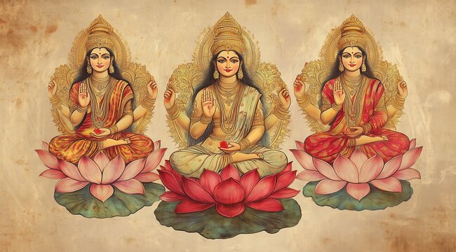 Vasant panchami banner background featuring lakshmi saraswati parvati seated hindu goddess divine deity lotus Indian culture religion worship sacred