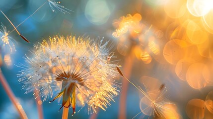 Delicate dandelion seeds floating gently in the breeze, each seed carried by a tiny parachute of fine, white filaments. The seeds drift lazily through the air, backlit by the soft light of a 