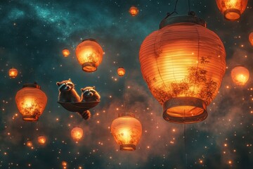 Fototapeta premium A group of raccoons are hanging from lanterns in the dark