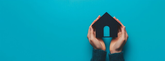 Miniature of house in both hands, horizontal banner, blue background, space for text. For design, realtor, insurance, mortgage, construction, banking, blog, linkedin, cover, thumbnail, social media