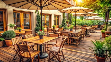 Obraz premium render of a cozy coffee shop terrace with wooden tables, chairs, and umbrellas, coffee, shop, terrace, render, cozy, wooden