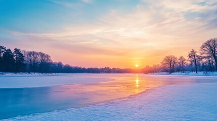 A winter sunset over a frozen lake
