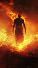 A Demonic Figure, Enshrouded in Fiery Torment, Rises from the Inferno