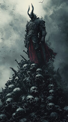 A Demonic Warlord, Clad in Black Armor, Stands Triumphant Atop a Mountain of Skulls, a Symbol of His Brutal Power.