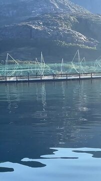 Aquaculture salmon farming on the coast of Norway. Vertical design in 9:16 ratio. Smartphone and social media