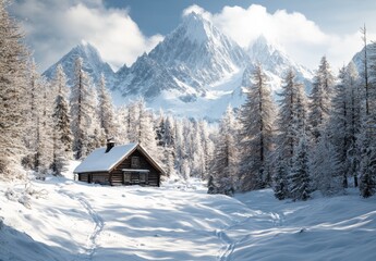 Snow covered mountains and hut surrounded by snowy trees 