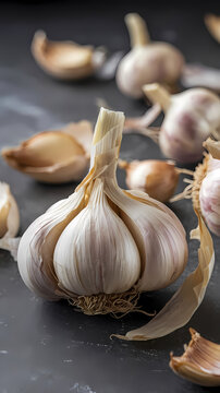 A close-up of garlic cloves arranged on a sleek black background, highlighting their texture and natural color.
