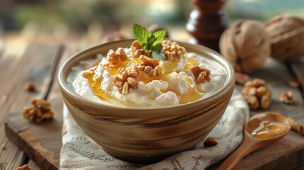 A detailed shot of a dish of yogurt plus honey and almonds topped over that appears on a wooden surface with ad emphasis and a blurred backing, Generative AI.