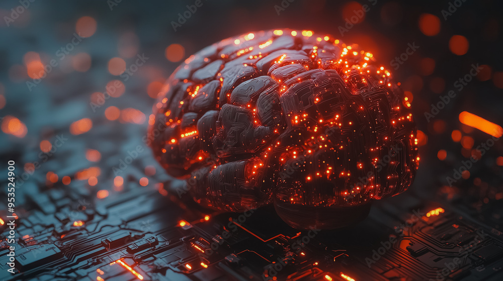 Poster a brain is shown in a computer monitor with a red glow. the brain is surrounded by a black backgroun