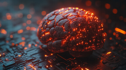 A brain is shown in a computer monitor with a red glow. The brain is surrounded by a black background and is the main focus of the image. Concept of technology and artificial intelligence