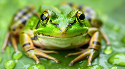Obraz premium Cute green frog animal sitting on a leaf in the tropical rainforest, this adorable amphibian is a beautiful part the wild and exotic wildlife fauna, creature thriving in nature pond environment