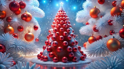 Abstract Christmas tree made of red trinkets on a Snow-white-blue background