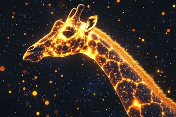 Fototapeta premium A giraffe is shown in a starry night sky with glowing spots