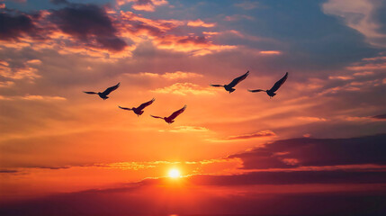 Silhouette of a bird group flock flying on a beautiful sunset sky, freedom in nature. Summer evening horizon and warm sunlight create a peaceful and scenic evening landscape