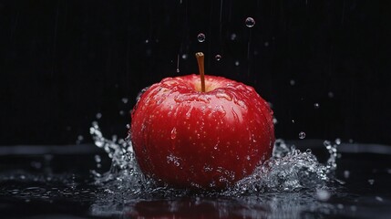 water splashes on red apple on black background.