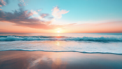 Obraz premium A serene sunrise over the ocean with gentle waves lapping at the shore, reflecting the pastel colors of the morning sky.