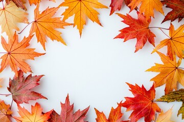 Fototapeta premium Autumn Maple Leaves Flat Lay White Background created with Generative AI