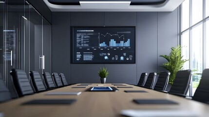 A high-tech conference room with an interactive touchscreen displaying digital marketing data, surrounded by sleek black chairs and a large wooden table, set against gray walls