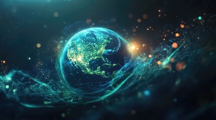 Obraz premium Glowing Earth in blue and green hues, encircled by dynamic waves and soft bokeh lights, representing the synergy of nature and technology.