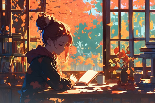 Cozy Girl reading a book in a coffee shop with autumn leaves falling outside. Anime style, Cozy vibes