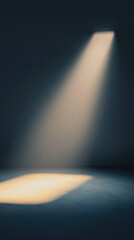 A single, focused spotlight illuminates a dark floor, casting a warm glow on the otherwise empty space.