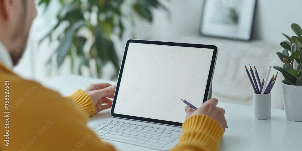 Aufkleber an innovative and creative workspace featuring a digital tablet alongside a stylus, designed specifi