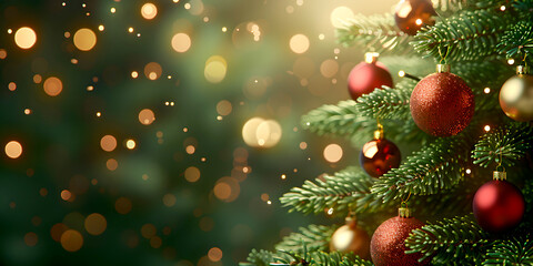 Winter Holiday Background with Christmas Tree Baubles and Blurry Lights, Festive Decor Design with Happy New Year Landscape Wallpaper Background. Copy Space for Text