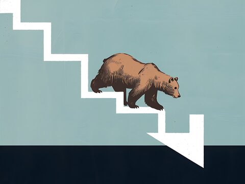Bear walking down falling stock market arrow on blue background