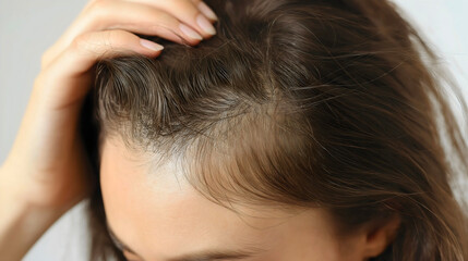 Fototapeta premium A woman concerned about hair thinning and loss, growth treatments and scalp care. This addresses stress related hair fall and explores solutions, hormone, worry, shampoo