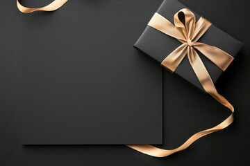 Elegant black gift box with gold ribbon and blank card on dark background, perfect for special occasions and celebrations.