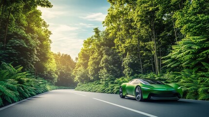 Obraz premium Green concept car cruising on a road lined with dense green trees, set against a soft blue sky, highlighting eco-conscious vehicle design.