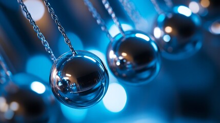 A close-up view of metallic spheres in motion. The vibrant blue background adds a modern touch. This artistic image showcases motion, balance, and design elements. AI