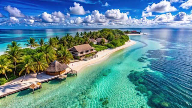 Luxurious beachfront resort on a tropical island surrounded by crystal clear waters, Luxury, beach, resort, tropical