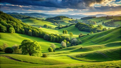 Lush green natural landscape with rolling hills and meadows, nature, scenery, outdoors, scenic, environment, countryside