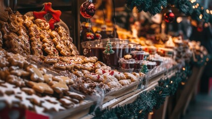 A close-up of a Christmas market stall featuring holiday