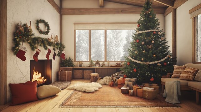  A cozy living room with a modestly decorated Christmas tree.
