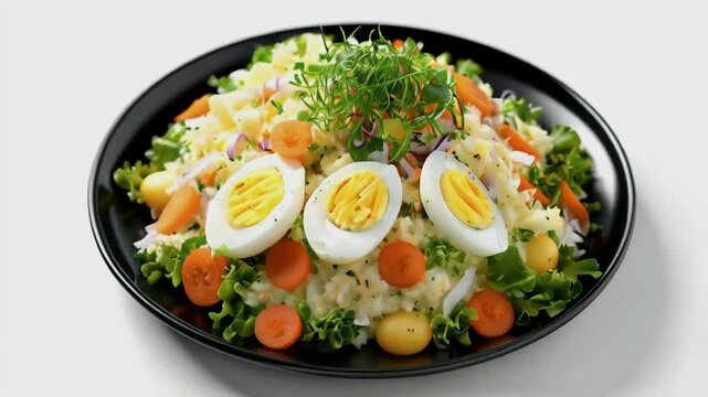 Mimoza Salad on a black plate. The salad is layered with grated boiled potatoes, carrots, hard-boiled eggs, and finely chopped onions, isolated  on white background