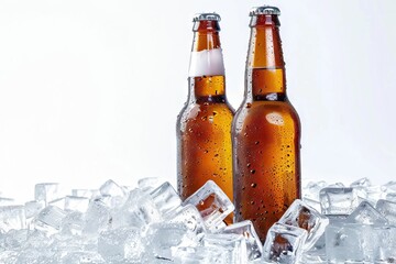 Two bottles of beer on ice cubes. Isolated on white background.  ice cubes