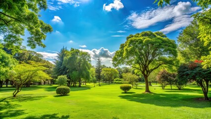 Fototapeta premium Green park with clear skies and lush vegetation , nature, outdoor, summer, greenery, serene, peaceful, environment, landscape, foliage