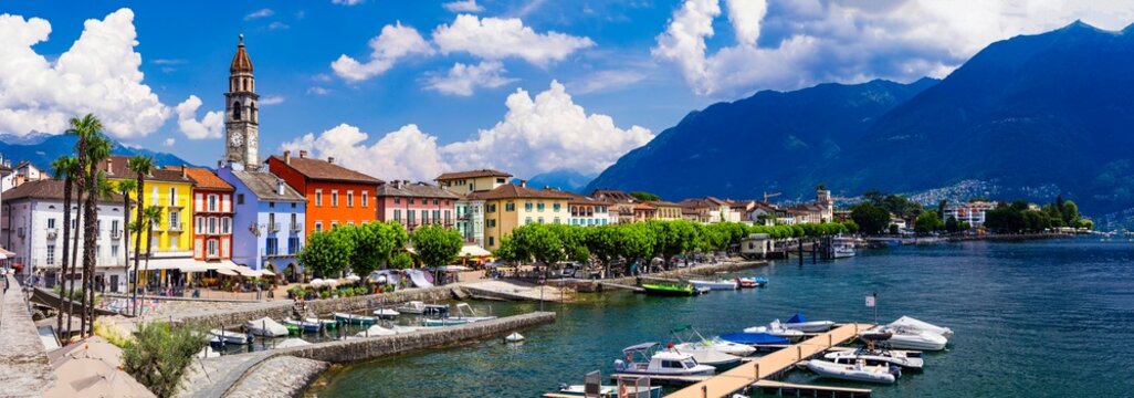 Switzerland Ascona High Resolution 17K Panorama of Colorful Old Town Waterfront and Lake Lago Maggiore Scenic Ticino Canton Architecture with Alpine Mountains Near Locarno Travel