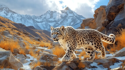Obraz premium Endangered Snow Leopard stealthily moving through rocky terrain in the Himalayan mountains 