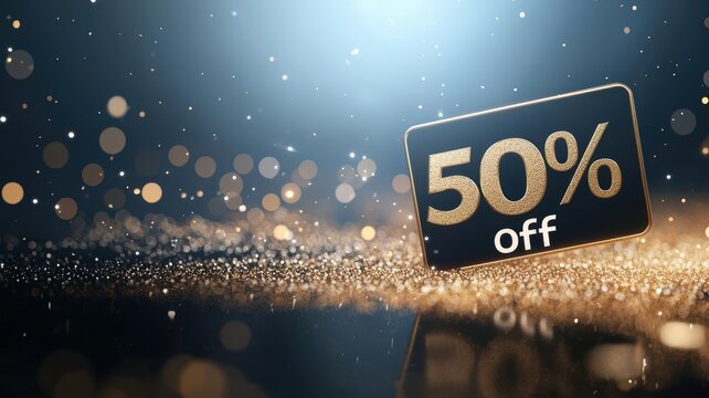 Eye-catching promotional card featuring a striking 50% off offer, set against a glittering background.