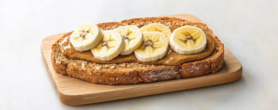 Delicious toasted bread topped with creamy peanut butter and fresh banana slices on a wooden serving board. - Powered by Adobe