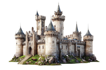 Fototapeta premium Medieval stone castle with towers, turrets, and battlements, isolated on PNG cutout background.