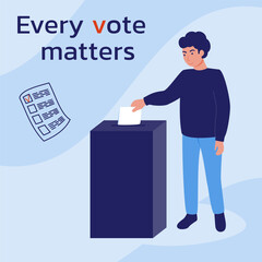 Man throws a ballot into the voting box. A call to vote. Every vote matters.