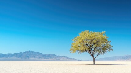Isolated tree on sandy ground, mountains in the distance, all under a pristine blue sky