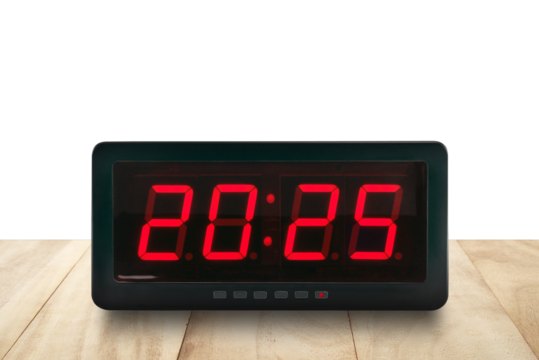 number 2025 illumination on electronic clock screen on desk isolated on transparent, time signs for beginning new year countdown